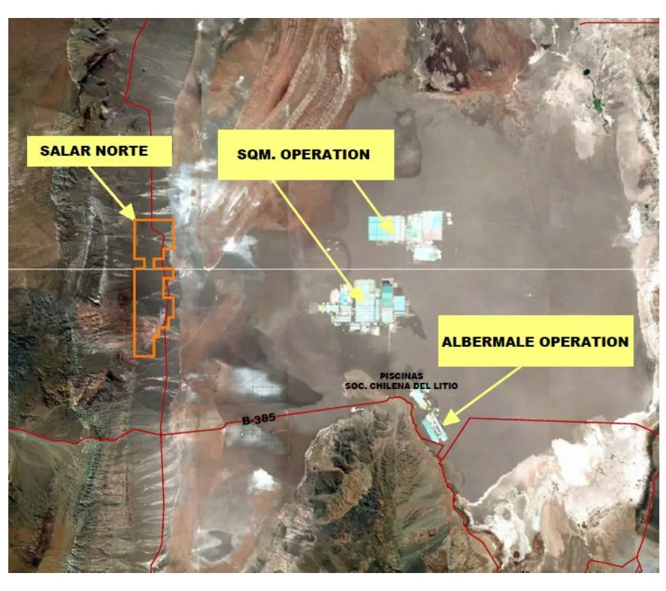 Detalle satelital de las pertenencias Salar Norte junto a las operaciones de SQM en el Salar de Atacama